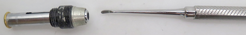 ITEM #HT-C: Back by popular demand! We've re-manufactured & stocked this classic Pentooling pick. It is a double sided spoon for removing the balls from a smaller hard rubber pellet reatiner. It has .061" wide spoon at both ends. The HT-C is especially useful when removing Vacumatic diaphragm balls during restoration. It is a favorite tool of Mike Kennedey. 